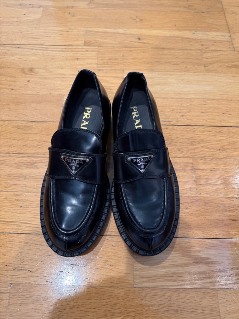 Prada Black Leather Logo Penny Loafers